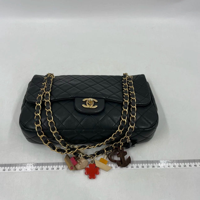 Chanel Classic Flap Medium Black Lambskin Leather Valentine Marine Charms