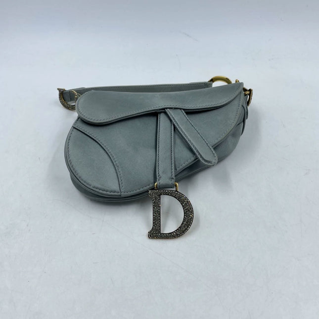 Sold Dior Saddle Mini Silk Blue Grey with Crystal Embedded Buckles