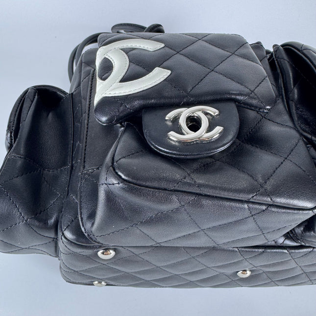 Chanel Cambon Multi-pocket Ligne Reporter Bag Medium Black Calfskin Leather White Logo