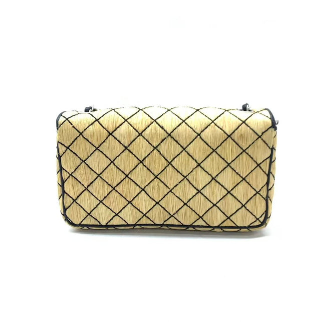 Chanel Medium Straw Wicker Flap Bag Black Diamond Wild Stitch