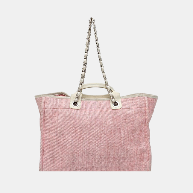 Chanel Deauville Tote Medium Pink Denim White Leather Top Handle