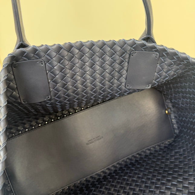 Bottega Veneta Reissued Cabat Intreccio Leather Tote Bag Navy 40cm
