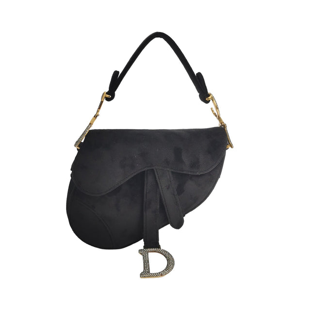 Dior Saddle Mini Velvet Handbag Black with Crystals-Luxbags