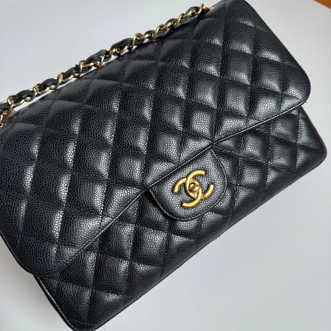 Chanel Classic Flap Jumbo Black Caviar Leather Double Flap with Gold Hardware