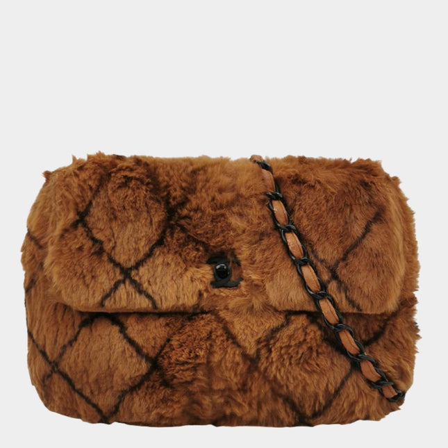 Chanel 2002 Brown Lapan Rabbit Fur Vintage Flap Bag-Luxbags