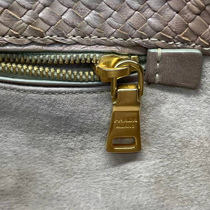 Prada Madras Brown Woven Leather Top Handle Shopping Tote Medium