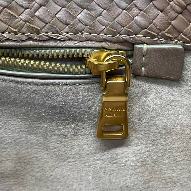 Prada Madras Brown Woven Leather Top Handle Shopping Tote Medium