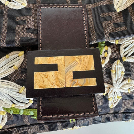 Fendi Baguette Zucca Monogram with Straw Floral Embroidery