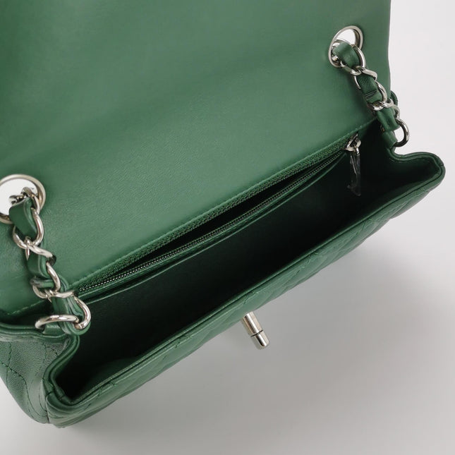 Chanel Classic Flap Mini Rectangular Green Lambskin Leather Silver Hardware