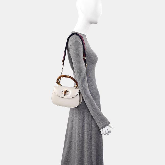 Gucci Bamboo 1947 Top Handle Bag Small White Box Leather Canvas Strap