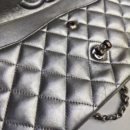 Chanel Classic Flap Medium Silver Lambskin Leather Silver Hardware