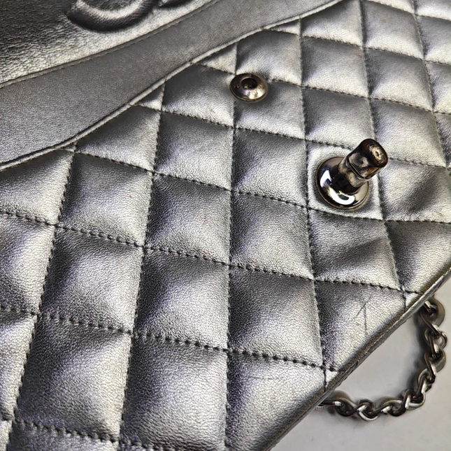 Chanel Classic Flap Medium Silver Lambskin Leather Silver Hardware