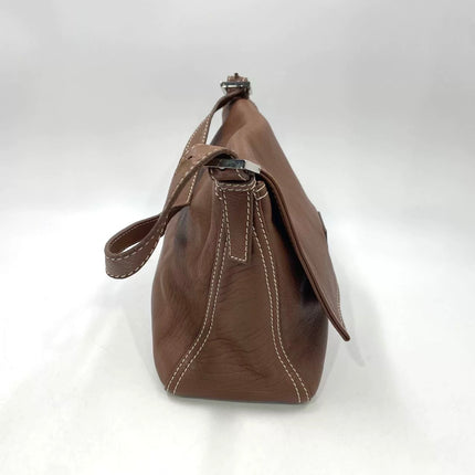 Fendi Mamma Forever Baguette Selleria Brown Calfskin Leather Silver Hardware