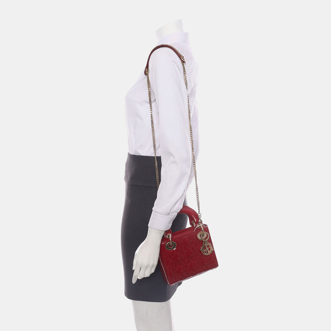 Lady Dior Mini Handbag Burgundy Red Patent Leather Gold-tone Chain Strap