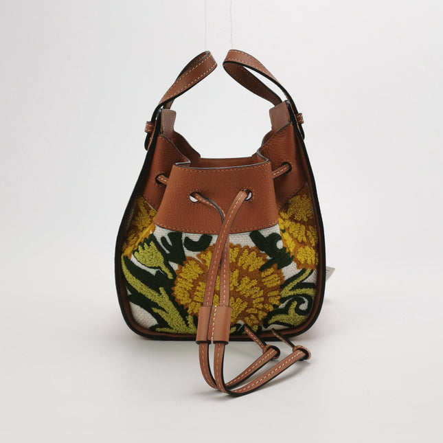 Loewe x William de Morgan Hammock Mini Tan Brown Leather Yellow Flower Embroidery Top Handle Crossbody Bag