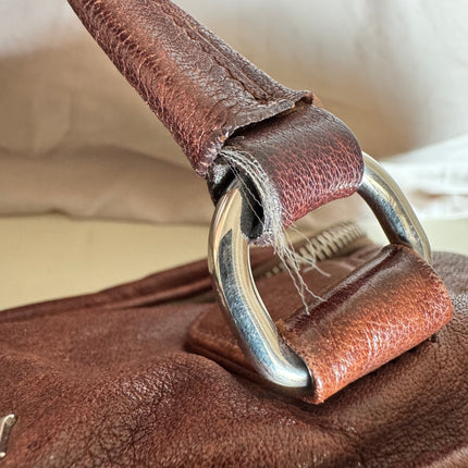 Prada Large Brown Washed Top Handle Bauletto Bag Calfksin Leather