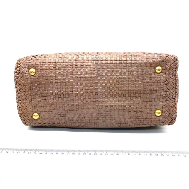 Prada Madras Brown Woven Leather Top Handle Shopping Tote Medium