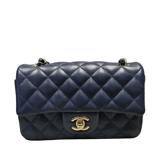 Chanel Classic Flap Mini Rectangular Navy Lambskin Leather Gold Hardware Microchip-Luxbags
