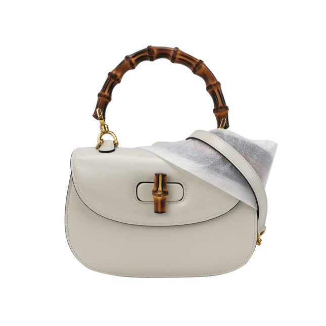 Gucci Bamboo 1947 Top Handle Bag Small White Box Leather Canvas Strap