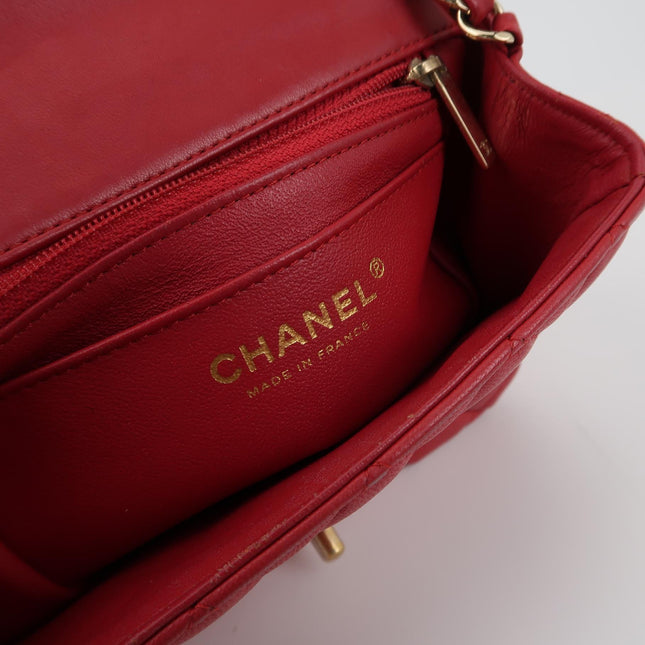 Chanel Classic Flap Mini Square Red Lambskin Leather Gold Hardware