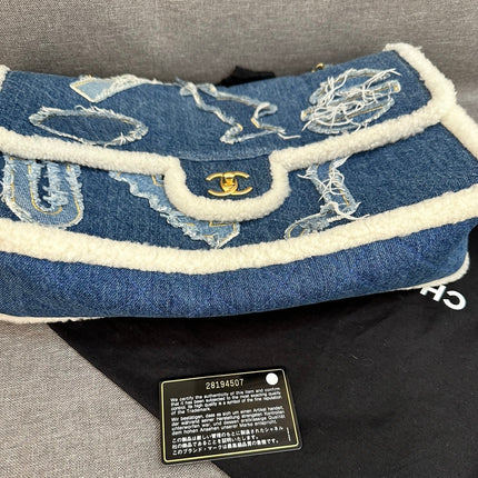 Chanel Blue Denim White Shearling Egyptian Hieroglyph Maxi Flap Bag Gold Hardware, 2019
