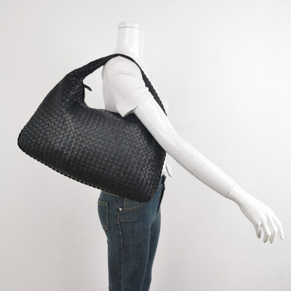 Sold Bottega Veneta Intrecciato Hobo Bag Medium Black leather with Metal Studs 45cm