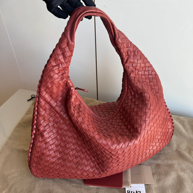 Sold Bottega Veneta Veneta Hobo Medium Brick Red Intrecciato Leather Bag 47cm