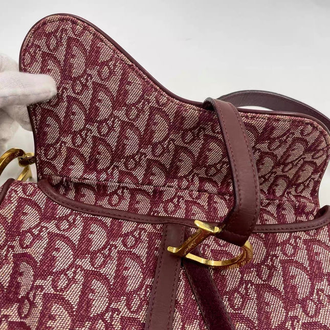 Dior Vintage Double Saddle Burgundy Oblique Monogram Canvas Gold Hardware