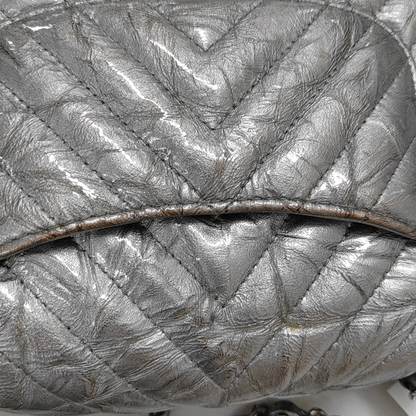 Chanel Classic Flap Mini Rectangular Patent Metallic Crumpled Calfskin Chevron Quilted Silver