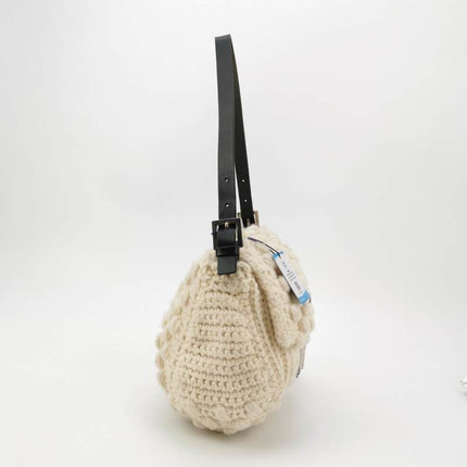 Fendi Mamma Baguette White Crochet Pompom Shoulder Bag