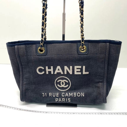Chanel Deauville Tote Navy Denim Cloth Leather Chain Strap Small 34cm-Luxbags