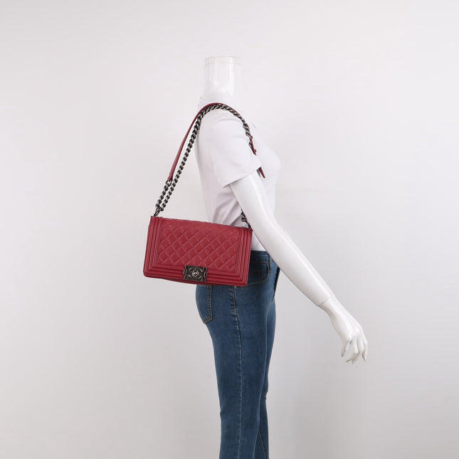 Chanel Le Boy Medium Bag Burgundy Lambskin Leather Silver Antiqued Hardware