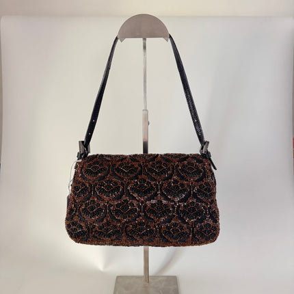 Fendi Mini Mamma Baguette Brown Glitter Beads Floral Embroidery