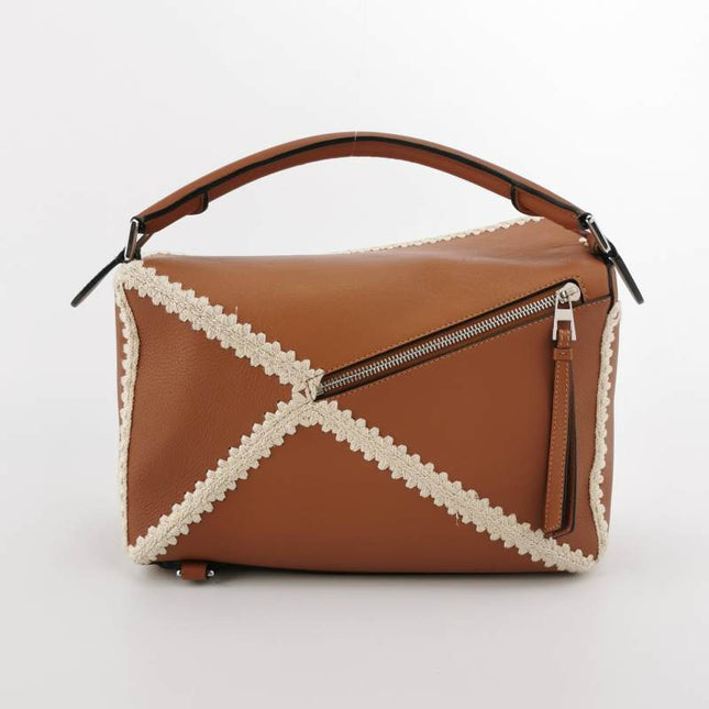 Loewe Puzzle Calfskin Crochet Trim Medium Caramel Tan Leather Bag