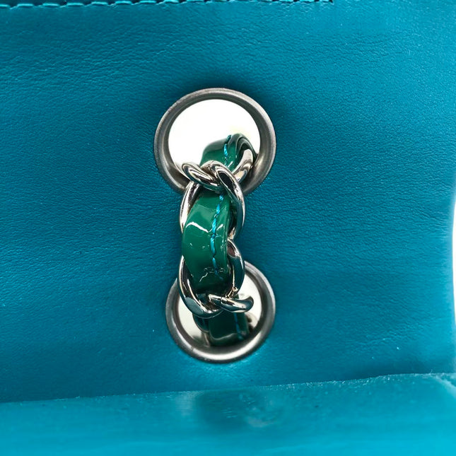 Chanel Classic Flap Medium Teal Blue Green Patent Leather Silver Hardware 2014-15