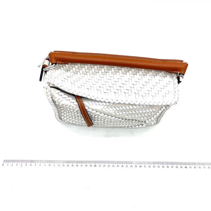Loewe Puzzle Small Leather Woven Braided White Crossbody Bag