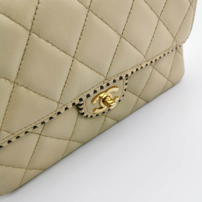 Sold Chanel Classic Flap Medium Happy Stitch Beige Leather with Contrast Black Trim