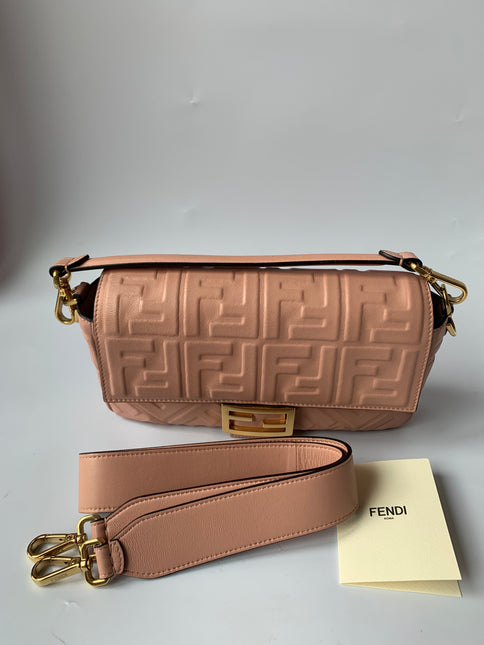 Sold FENDI Baguette Rosa Bourbon Pink Leather 3D FF Motif Crossbody bag