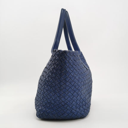 Bottega Veneta Cabat Small Intreccio Leather Tote Bag Navy Blue