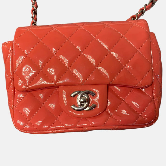 Chanel Classic Flap Mini Square Coral Orange Patent Lambskin Crossbody Bag