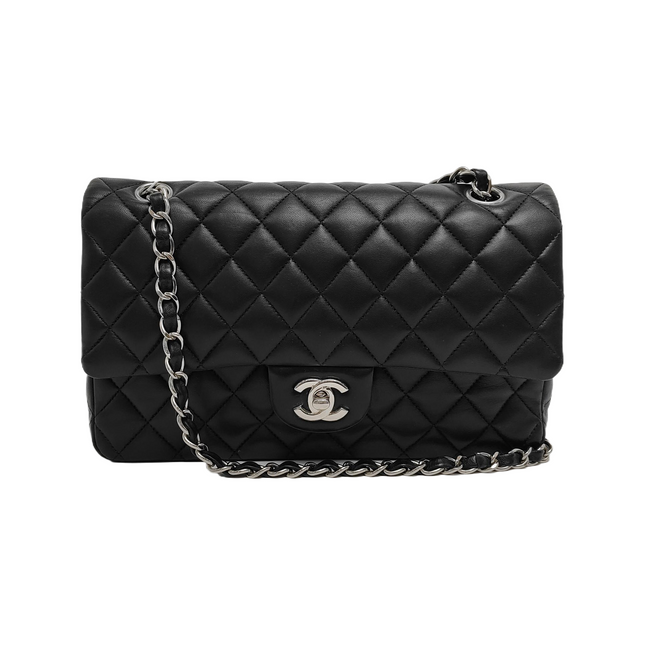 Chanel Timeless Classic Flap Medium Black Lambskin Leather Silver Hardware-Luxbags