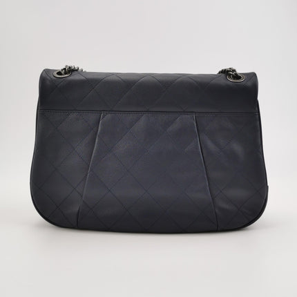 Chanel Large Single Flap Navy Calfskin Leather Cannage Stitch Silver Hardware 2012