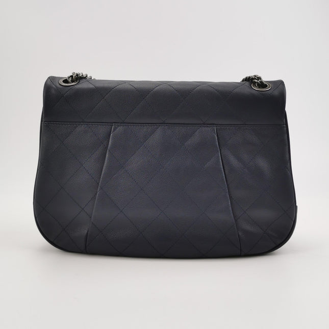 Chanel Large Single Flap Navy Calfskin Leather Cannage Stitch Silver Hardware 2012