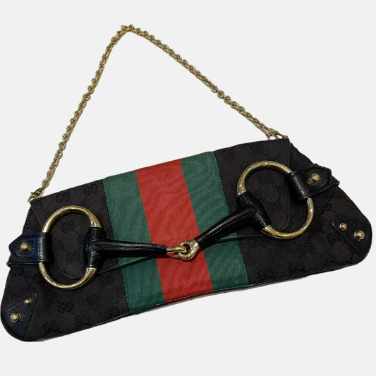 Gucci Horsebit 1955 Cloth Black Monogram Red Web Large Shoulder bag-Luxbags