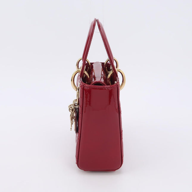 Lady Dior Mini Handbag Burgundy Red Patent Leather Gold-tone Chain Strap