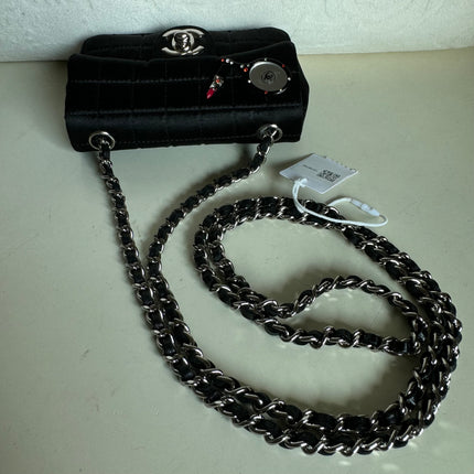 Chanel Extra Mini Flap Bag Black Satin Choco Bar Lipstick Mirror Crossbody, 2005