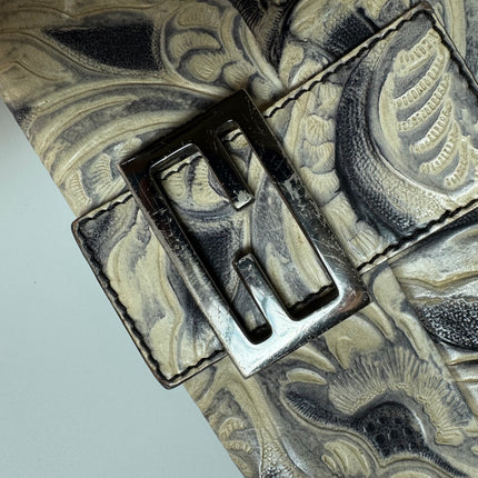 Fendi Mamma Baguette Blue White Flower Embossed Shoulder Bag