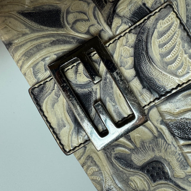 Fendi Mamma Baguette Blue White Flower Embossed Shoulder Bag