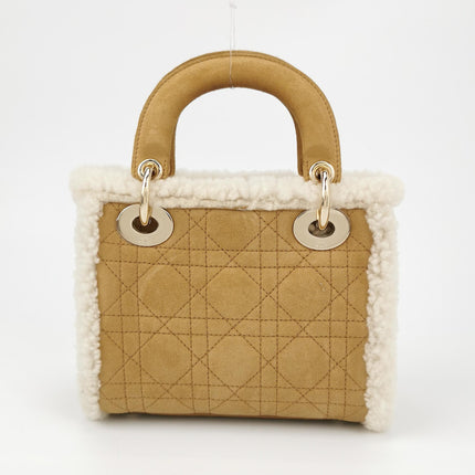 Lady Dior Mini Handbag Brown Leather Shearling Gold Hardware