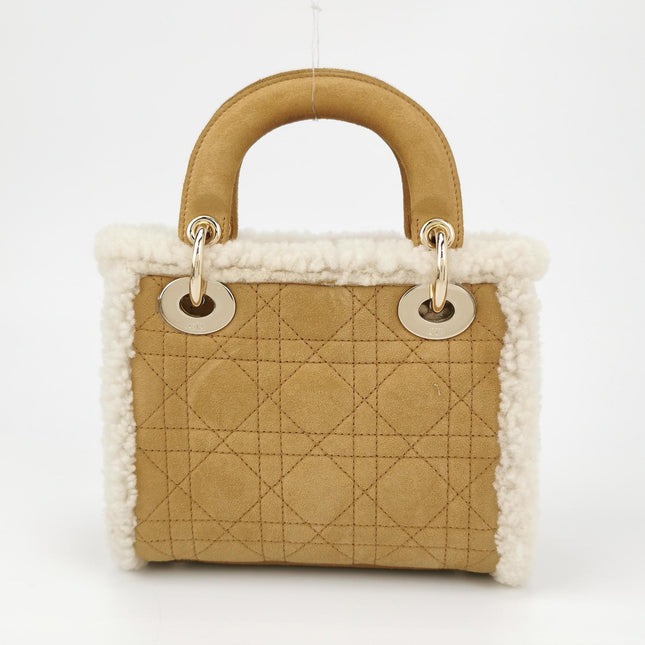 Lady Dior Mini Handbag Brown Leather Shearling Gold Hardware